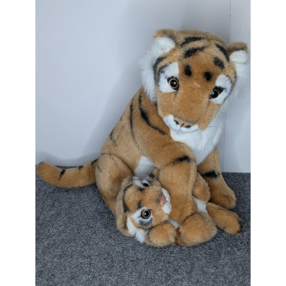 Vintage Fiesta Plush Bengal Tiger With Baby Cub Playing Holding Down‎ 13" Tall